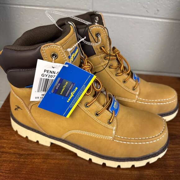 NWT Goodyear Men's Penn Steel Toe Work Boots, Wheat, US 11 - Picture 2 of 7